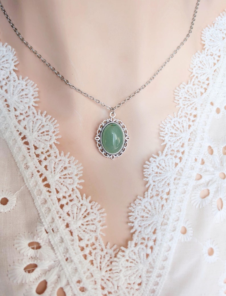 Aventurine Necklace, Green Gemstone Lacy Pendant, Boho Crystal Jewelry