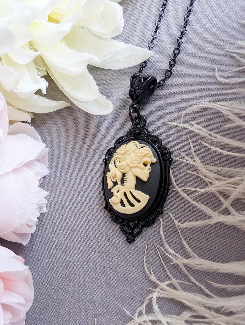 Black Skull Cameo Necklace: Gothic Skeleton Pendant