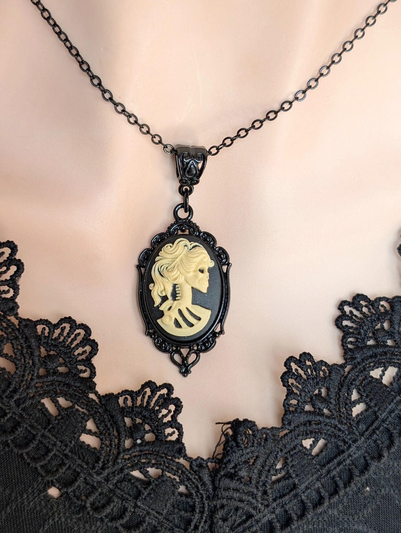 Black Skull Cameo Necklace: Gothic Skeleton Pendant