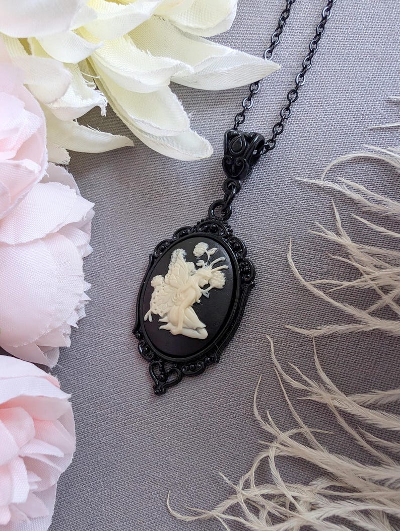 Black Fairy Cameo Necklace, Woodland Fae Pendant, Gothic Jewelry