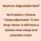 Text on a beige background explaining adjustable size options with lobster claw clasp and extender chain.