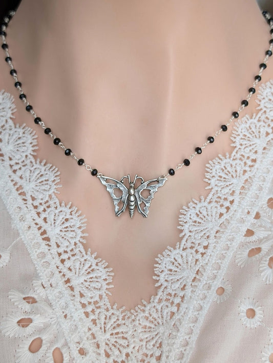 Silver Butterfly Choker, Black Rosary Chain, Art Nouveau Pendant
