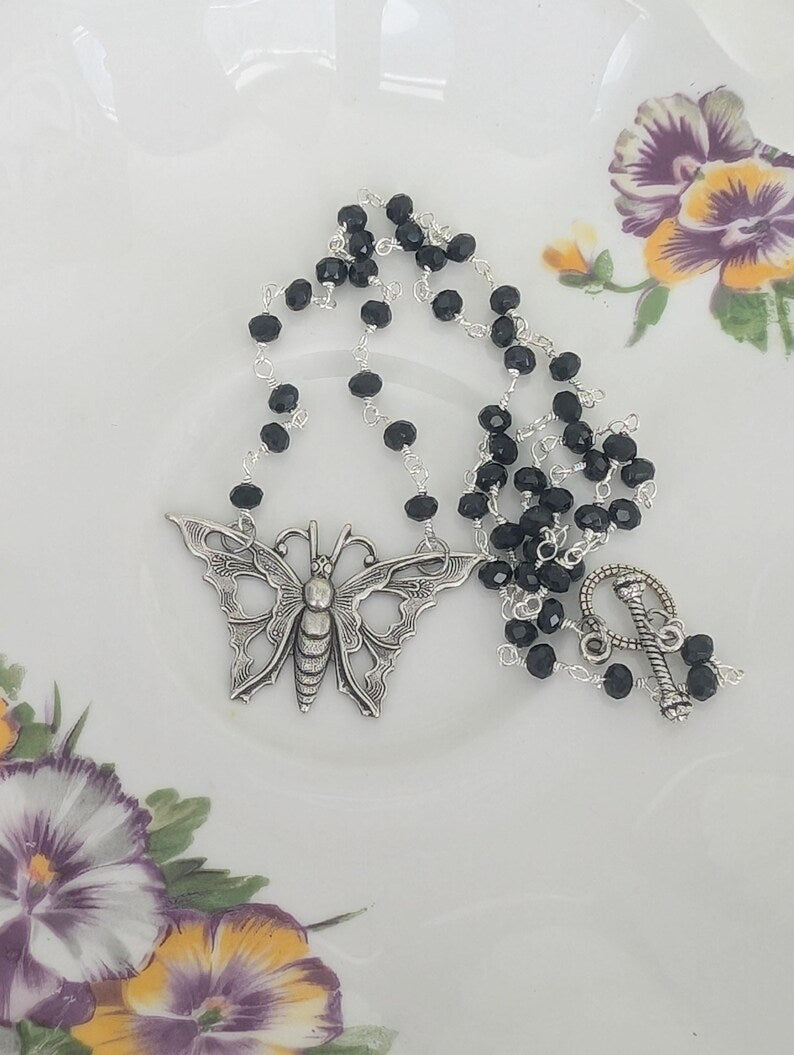 Silver Butterfly Choker, Black Rosary Chain, Art Nouveau Pendant