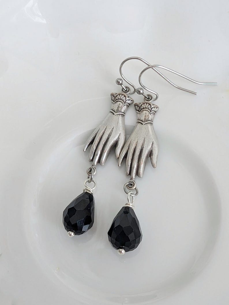 Victorian Hand Earrings – Gothic Silver with Black Teardrop Beads