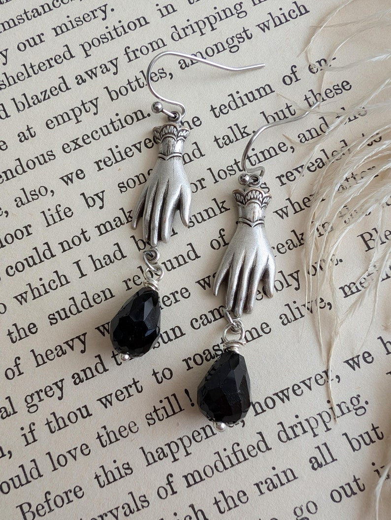Victorian Hand Earrings – Gothic Silver with Black Teardrop Beads