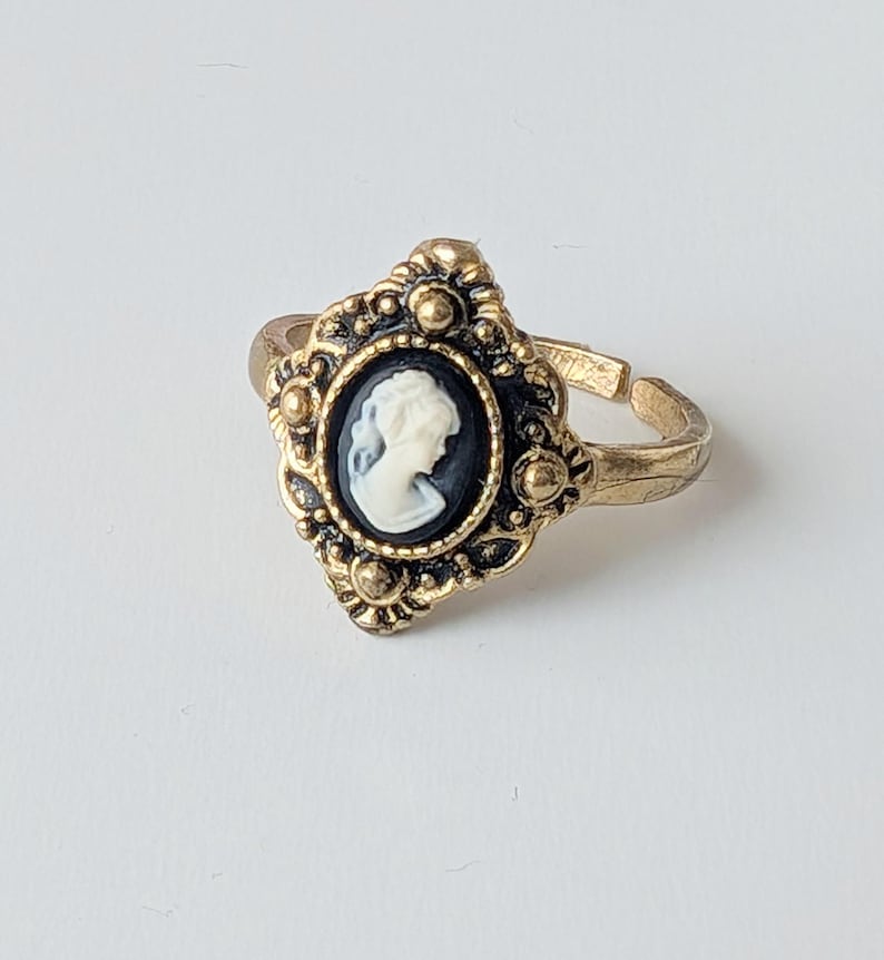 Antiqued Gold Cameo Ring, Adjustable Victorian Style Jewelry