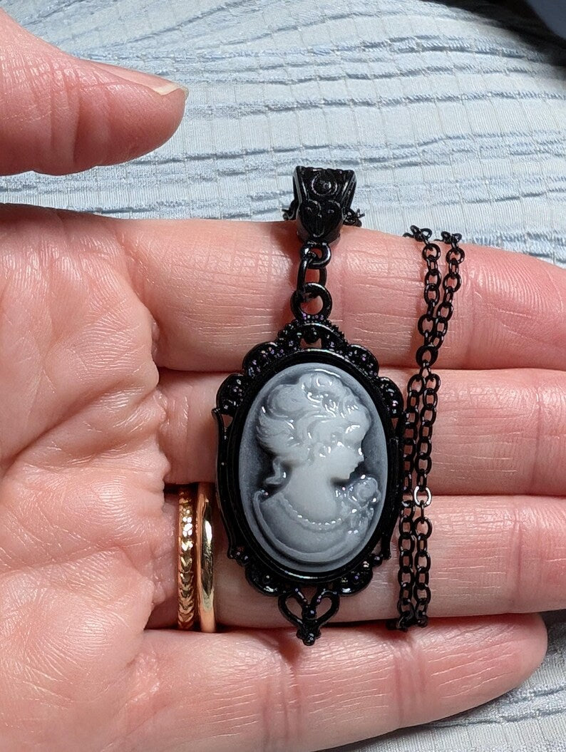 Gothic Blue Cameo Necklace: Ornate Black Vintage Style Jewelry