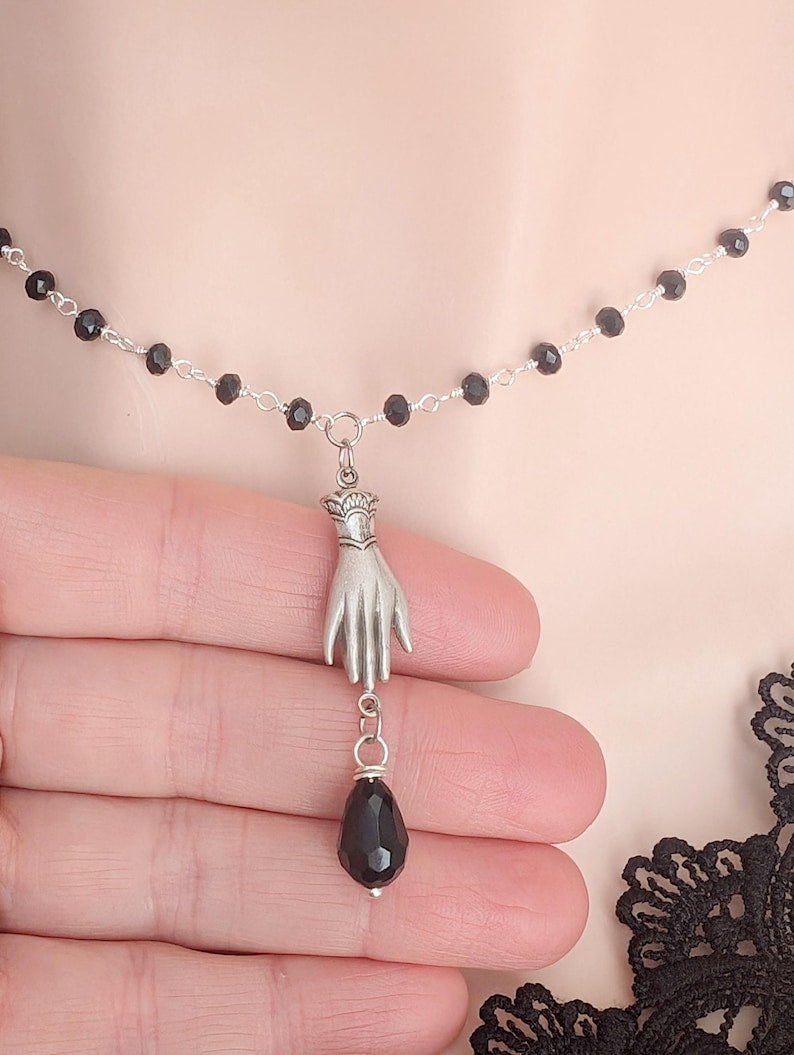 Victorian Hand Necklace, Gothic Rosary Bead Jewelry for Her