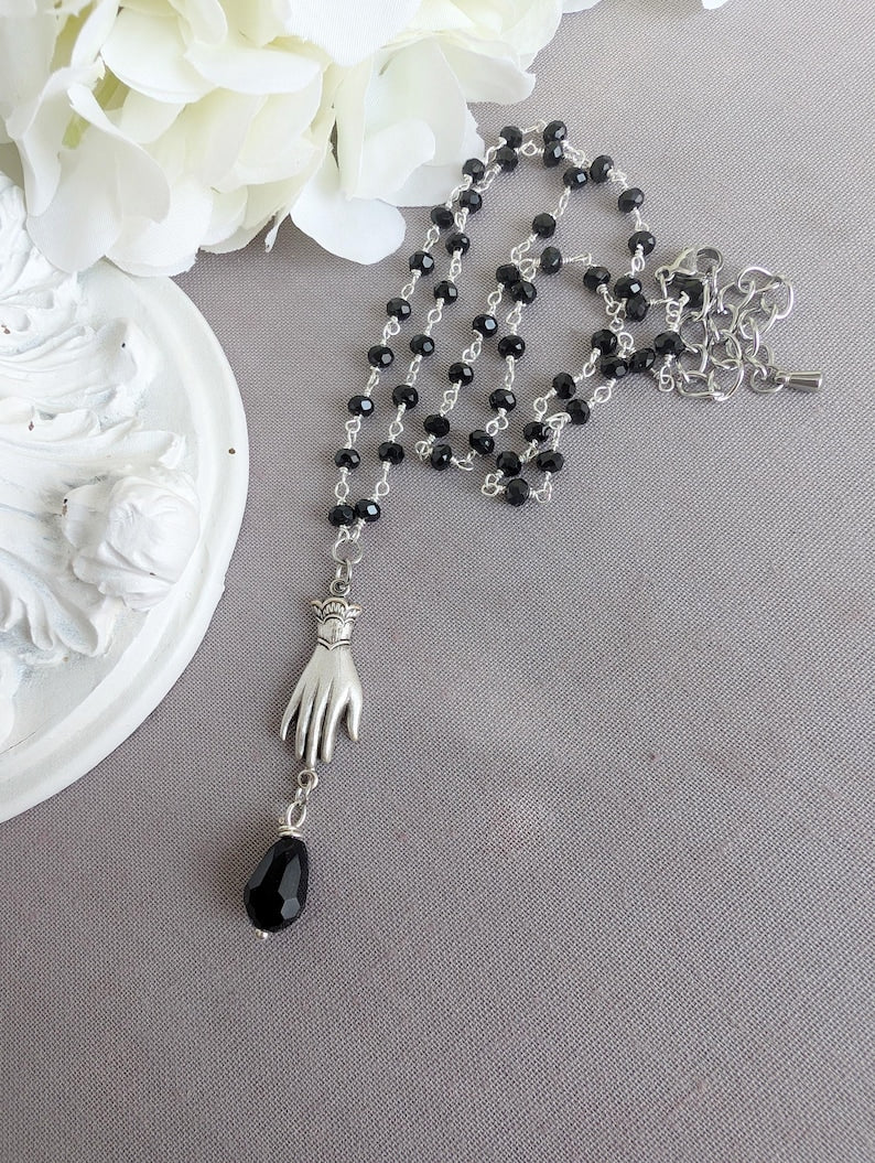 Victorian Hand Necklace, Gothic Rosary Bead Jewelry for Her