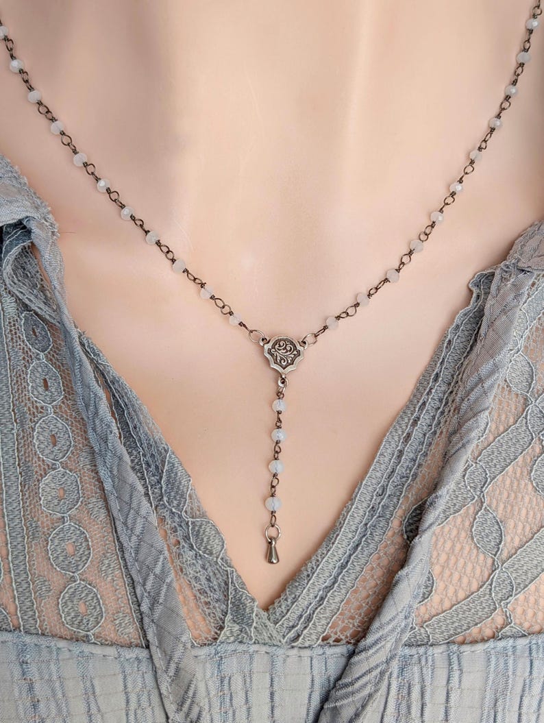 Rainbow Moonstone Y Necklace: Gothic Rosary Bead Choker