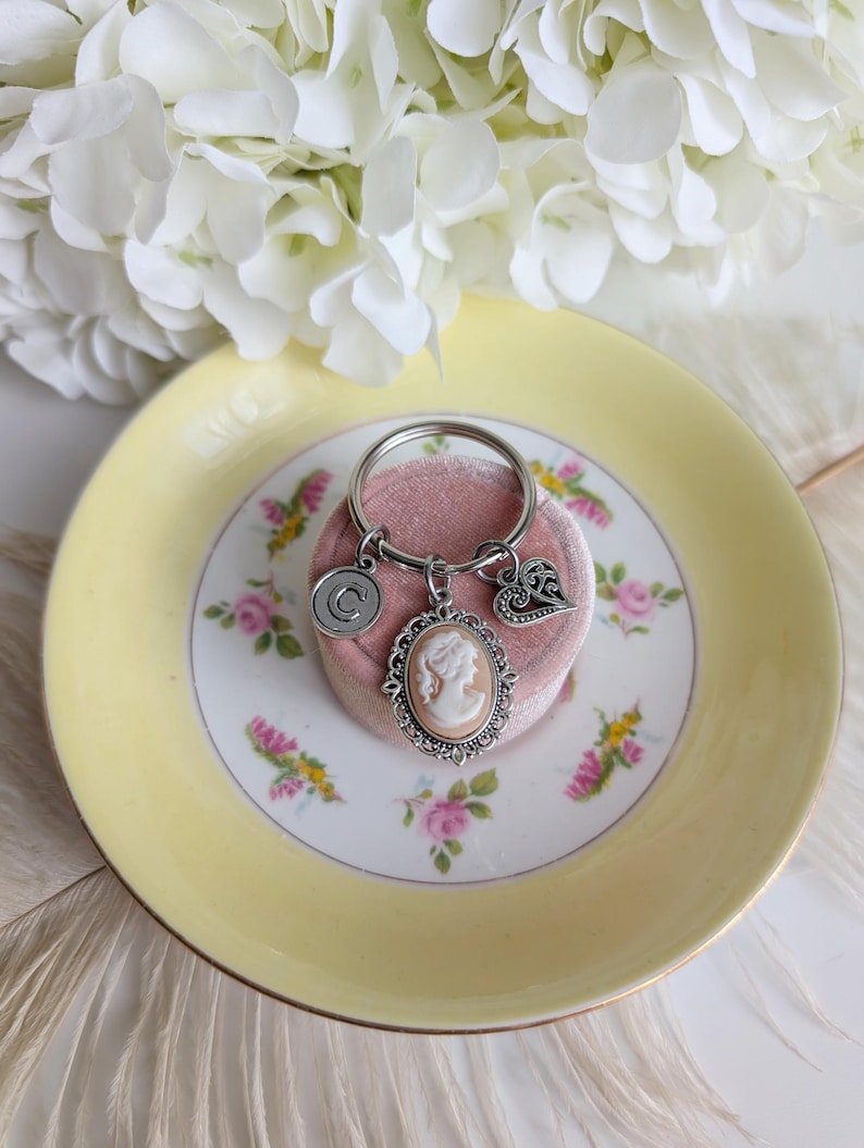Handmade Victorian Cameo Keychain | Personalized Initial Keyring Gift