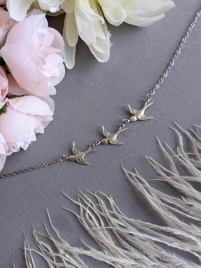 Silver Swallow Bird Bracelet: Dainty Trio Jewelry, Minimalist Style