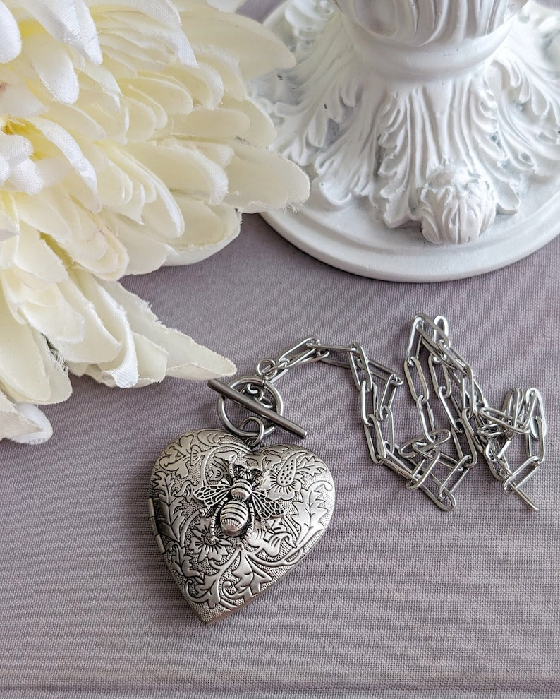 Heart Locket Toggle Necklace | Silver Floral Choker, Handmade Jewelry