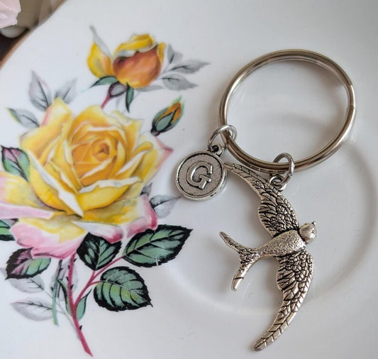 Handmade Silver Swallow Keychain | Custom Initial Bird Gift for Her