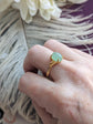 Hand wearing a Natural Green Aventurine Solitaire Ring - 18K Gold Vermeil over Sterling Silver - Handmade Gemstone Jewelry - Made in Toronto against a blurred floral background