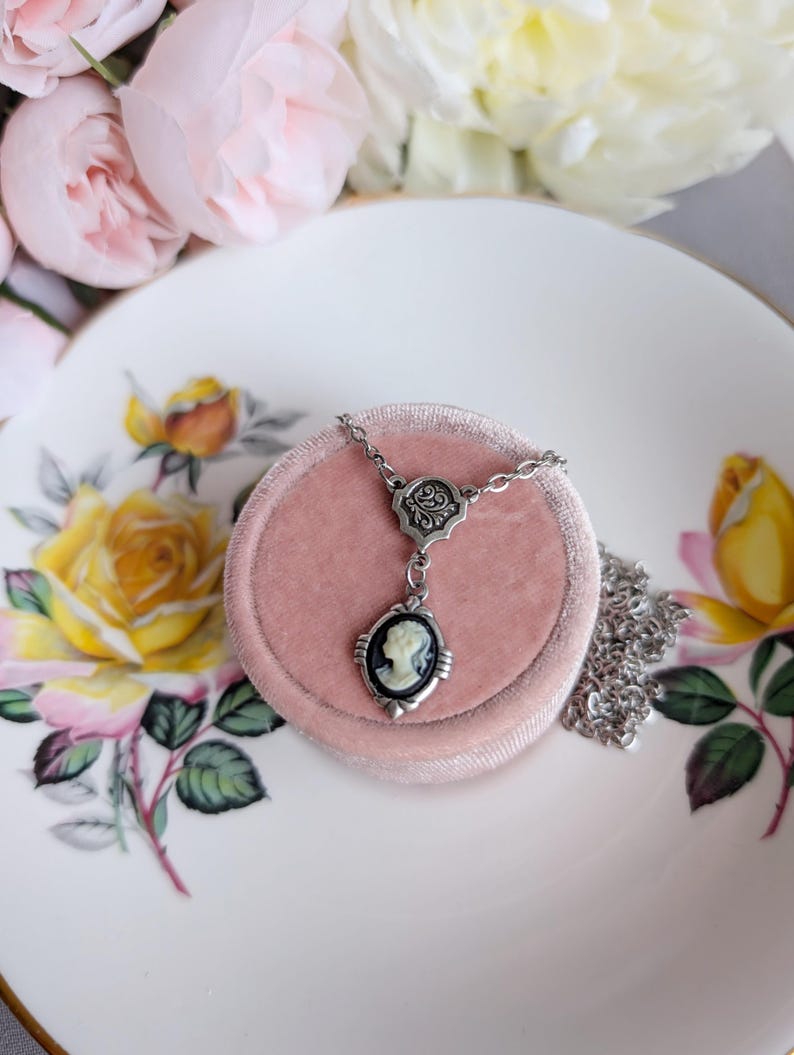 Dainty Cameo Necklace: Art Deco Silver Pendant, Vintage Style Gothic Jewelry