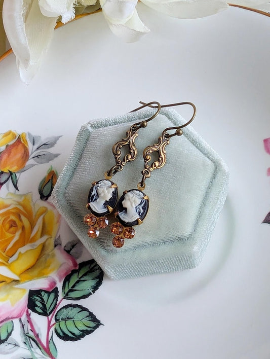 Handmade Black Cameo Earrings | Victorian Brass & Crystal Jewelry