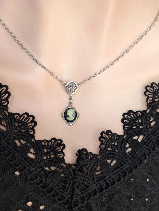 Dainty Cameo Necklace: Art Deco Silver Pendant, Vintage Style Gothic Jewelry