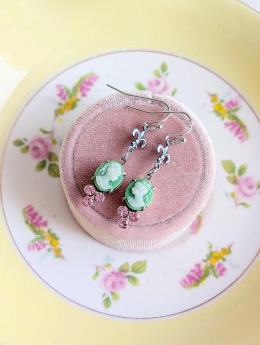 Green Cameo Earrings – Fleur de Lis & Pink Crystal Vintage Jewelry