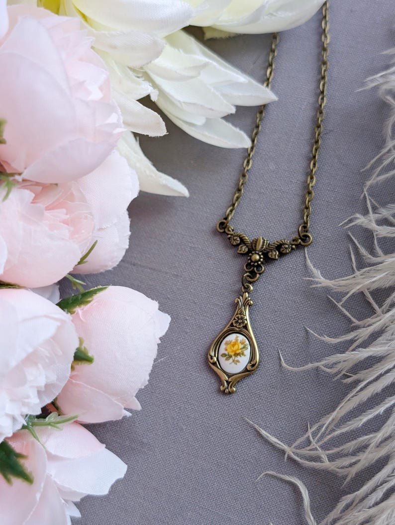 Yellow Rose Pendant, Art Nouveau Necklace, Vintage-Inspired Floral Jewelry