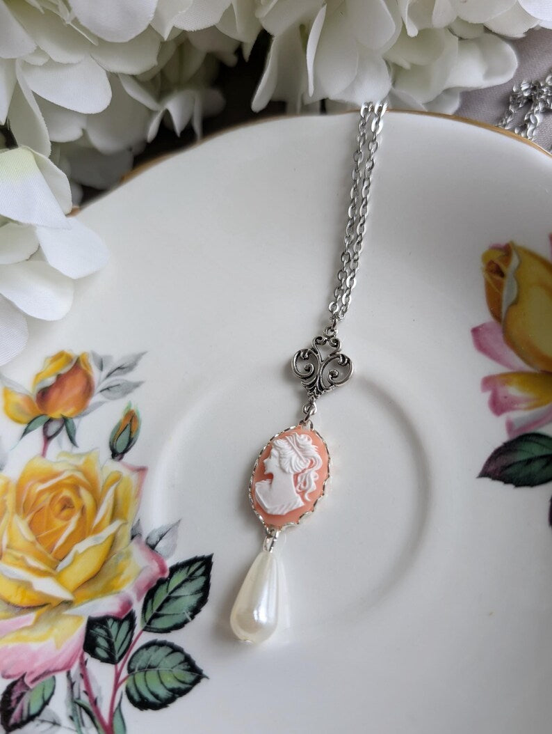 Pink Cameo Necklace with Pearl Drop, Victorian Silver Pendant Gift