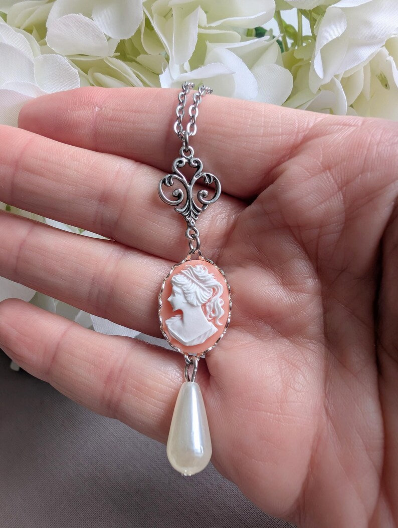 Pink Cameo Necklace with Pearl Drop, Victorian Silver Pendant Gift