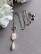 Pink Cameo Necklace with Pearl Drop, Victorian Silver Pendant Gift