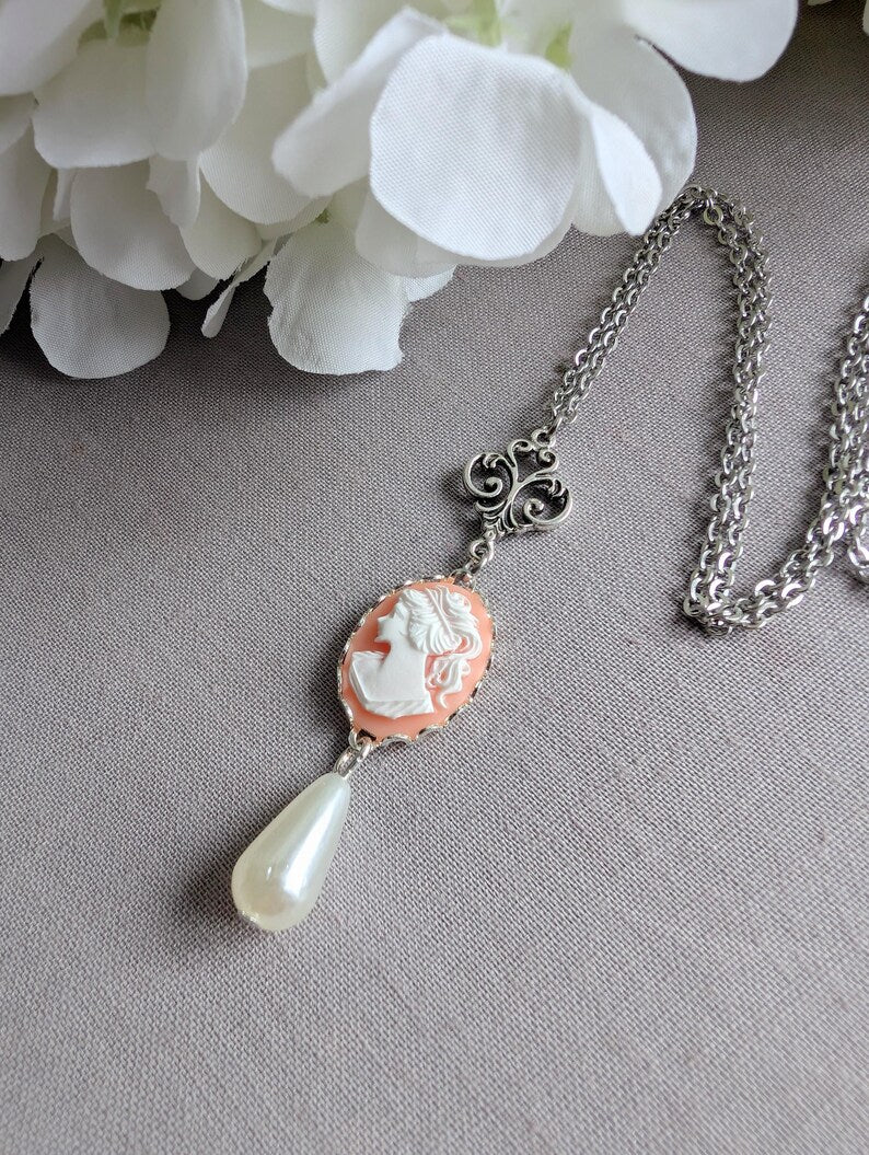 Pink Cameo Necklace with Pearl Drop, Victorian Silver Pendant Gift