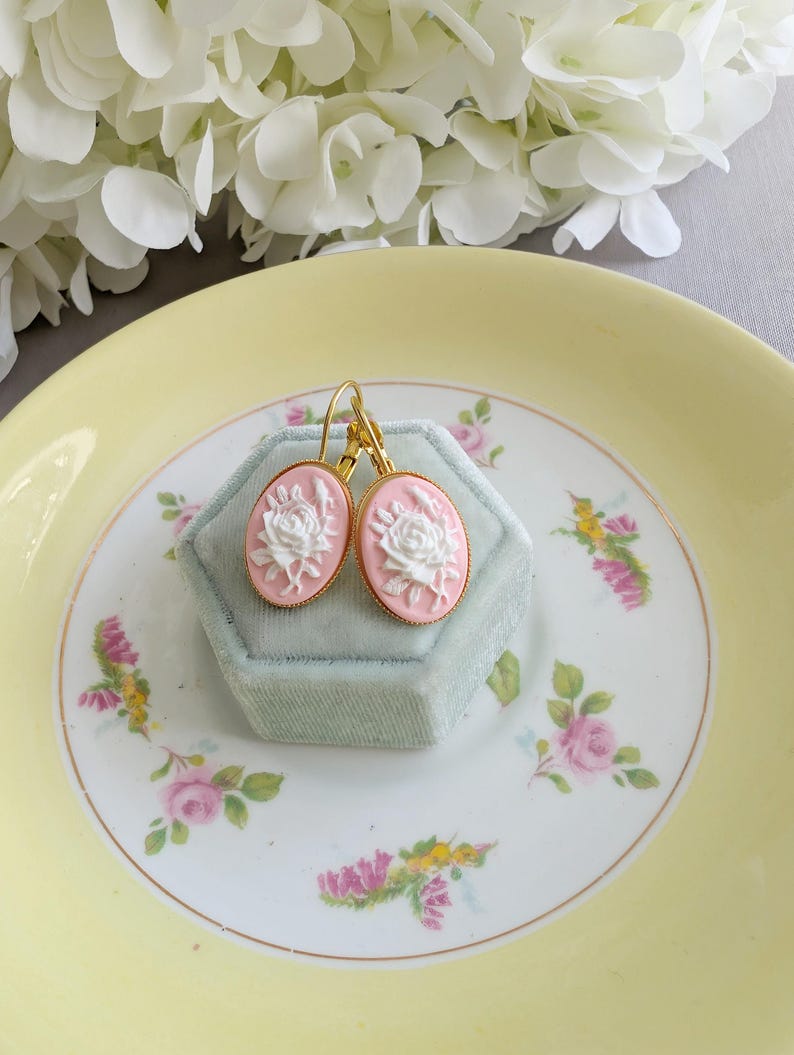 Pink Rose Cameo Leverback Earrings: Victorian Style Floral Jewelry