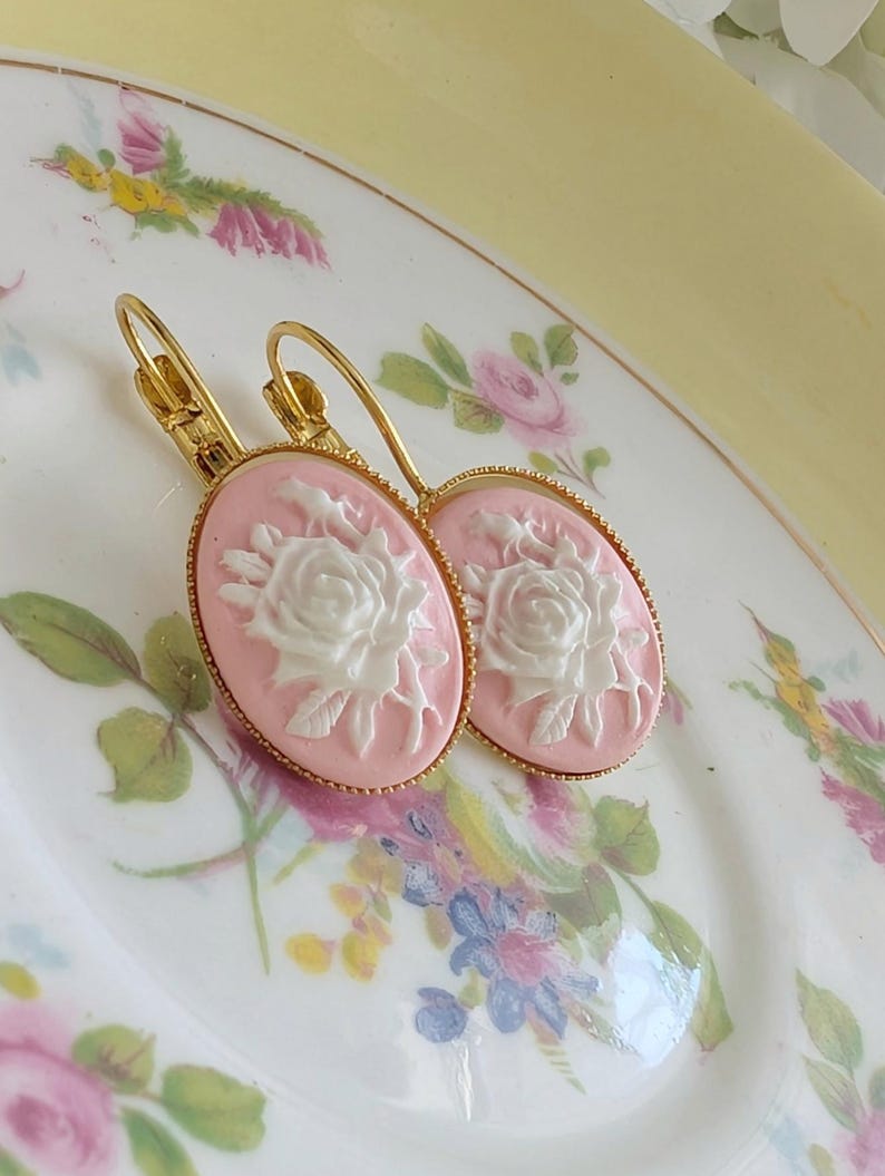 Pink Rose Cameo Leverback Earrings: Victorian Style Floral Jewelry