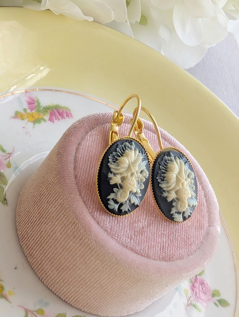 Ivory Flower Cameo Earrings: Black Vintage Gothic Style, Lever Back