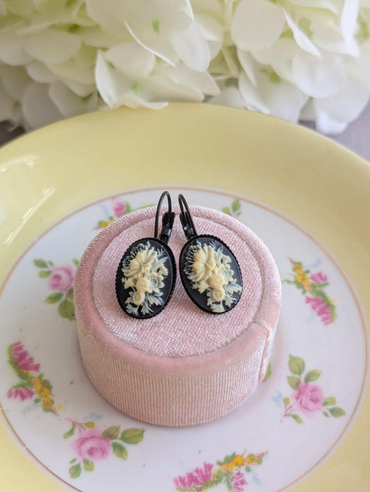Ivory Flower Cameo Earrings: Black Vintage Gothic Style, Lever Back