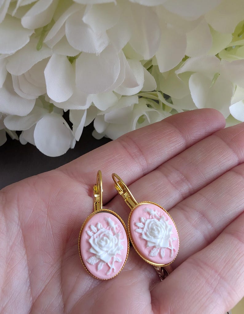 Pink Rose Cameo Leverback Earrings: Victorian Style Floral Jewelry