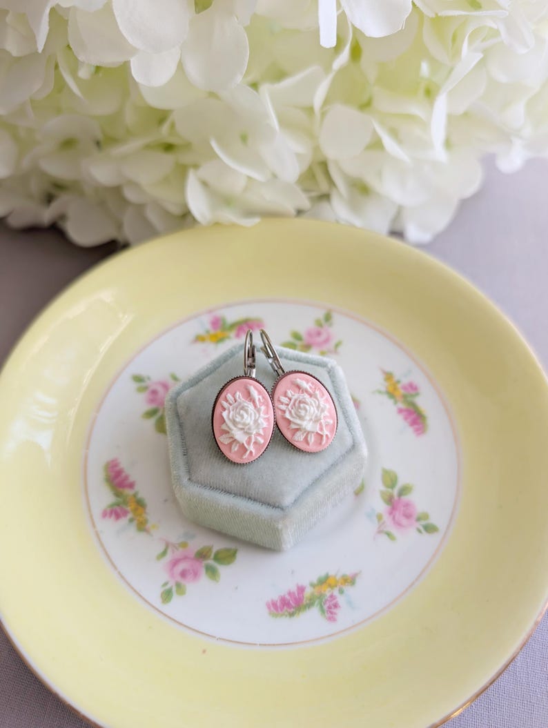 Pink Rose Cameo Leverback Earrings: Victorian Style Floral Jewelry