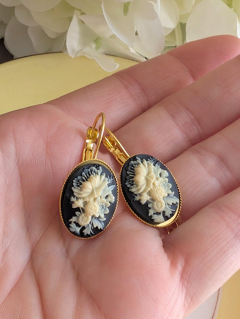 Ivory Flower Cameo Earrings: Black Vintage Gothic Style, Lever Back