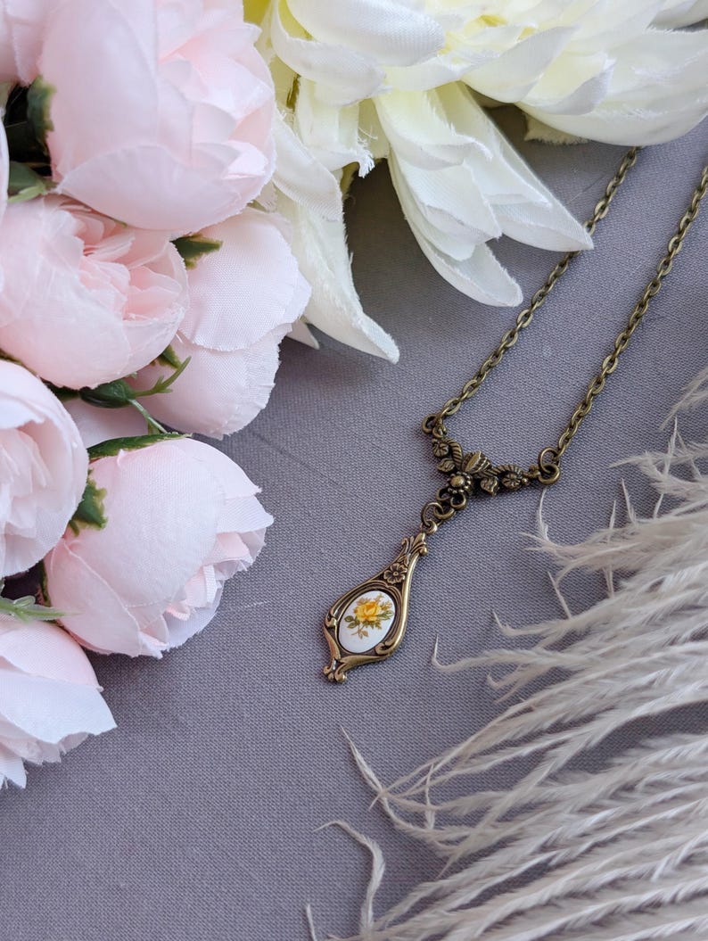 Yellow Rose Pendant, Art Nouveau Necklace, Vintage-Inspired Floral Jewelry