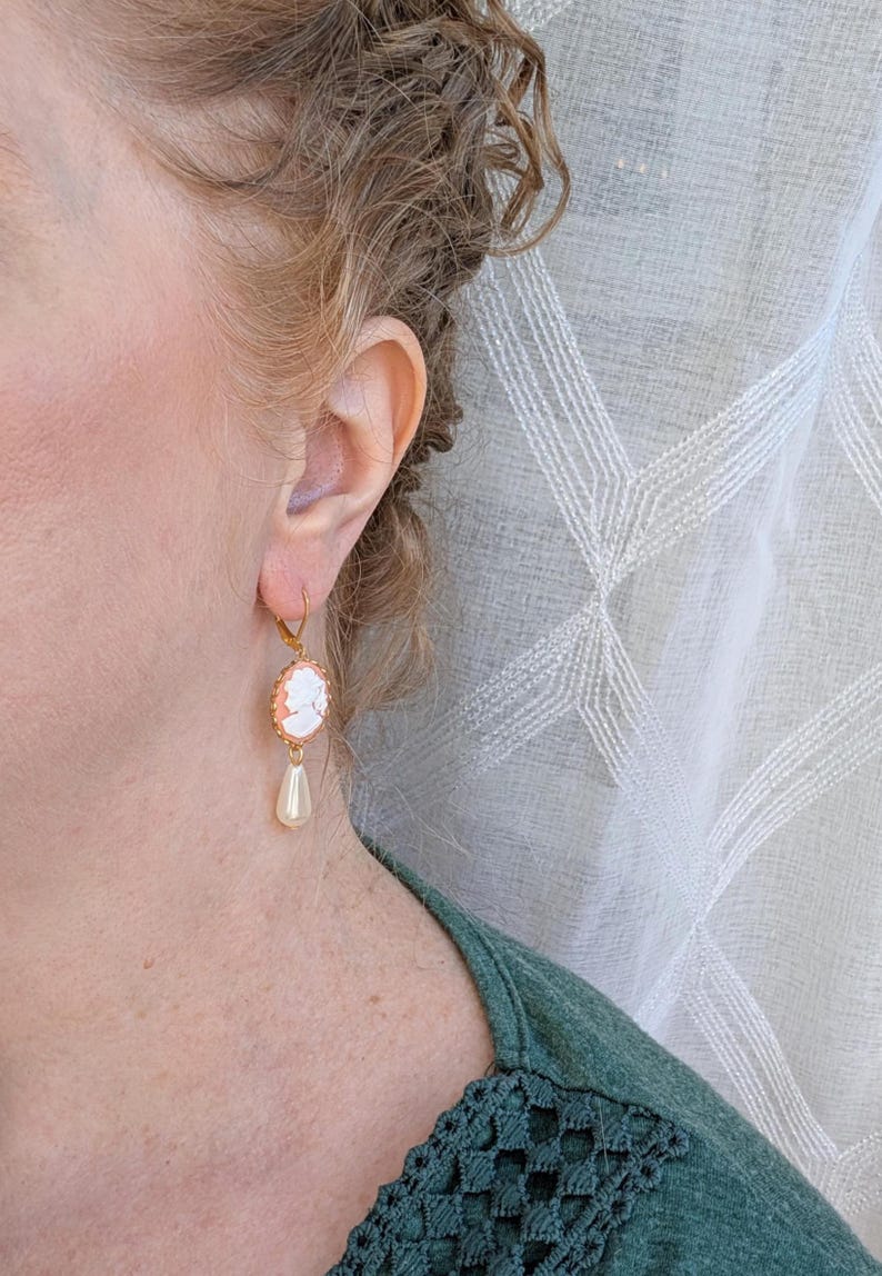 Handmade Pink Cameo Pearl Earrings | Victorian Romantic Jewelry