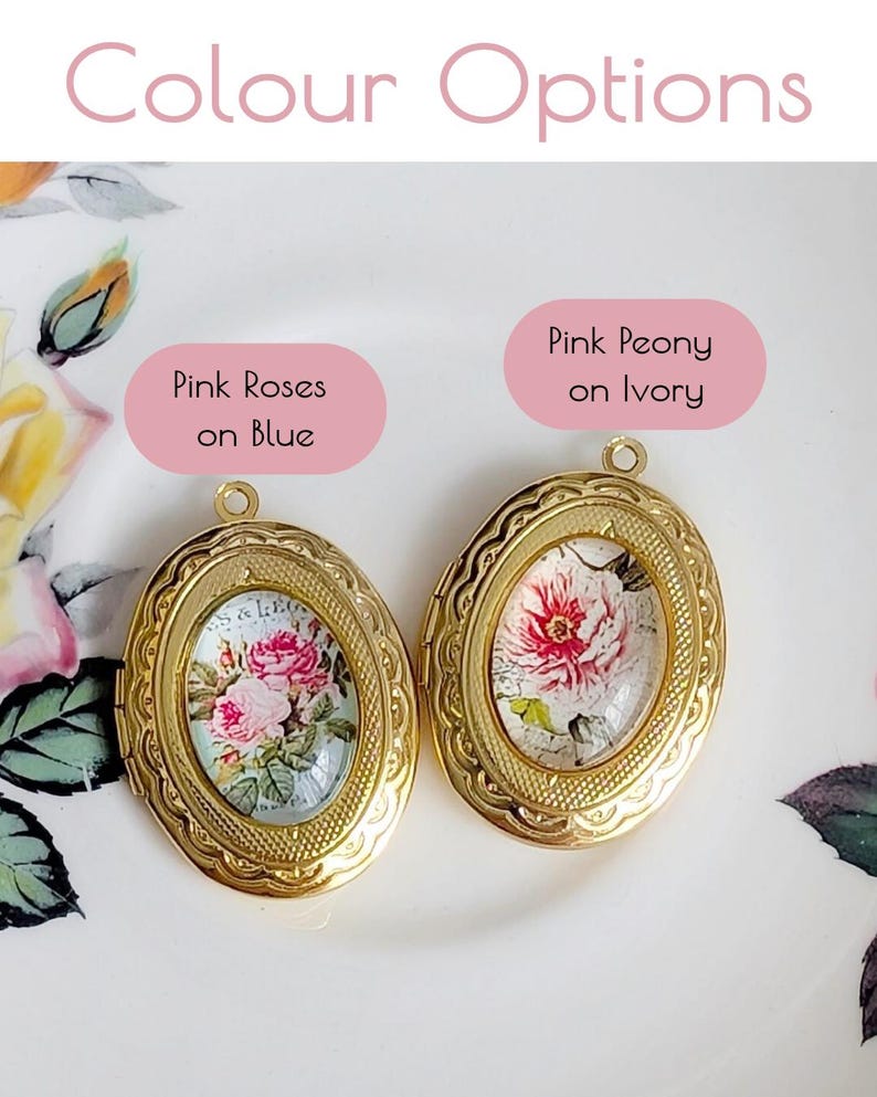 Two options to choose from for the the floral piece on the gold locket face: pink roses on a blue background or pale pink peony on an ivory background.