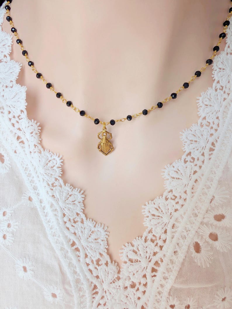 Scarab Pendant Choker | Black Beaded Rosary Chain Necklace