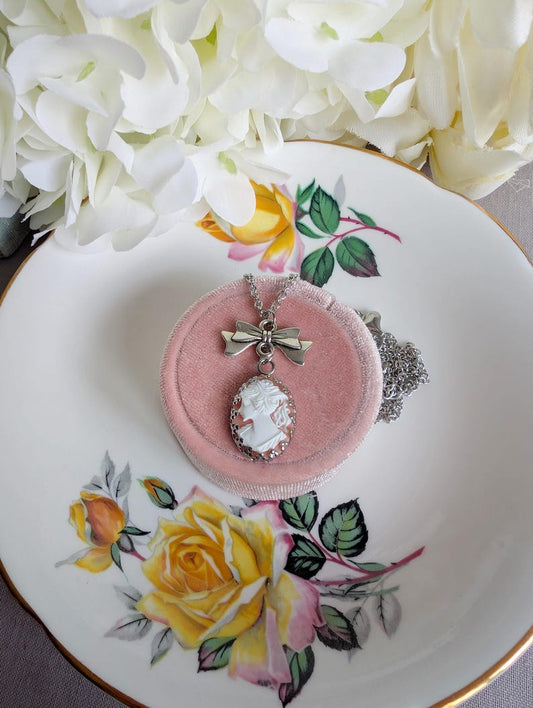 Pink Cameo Pendant Necklace with Bow Connector, Vintage Style Jewelry