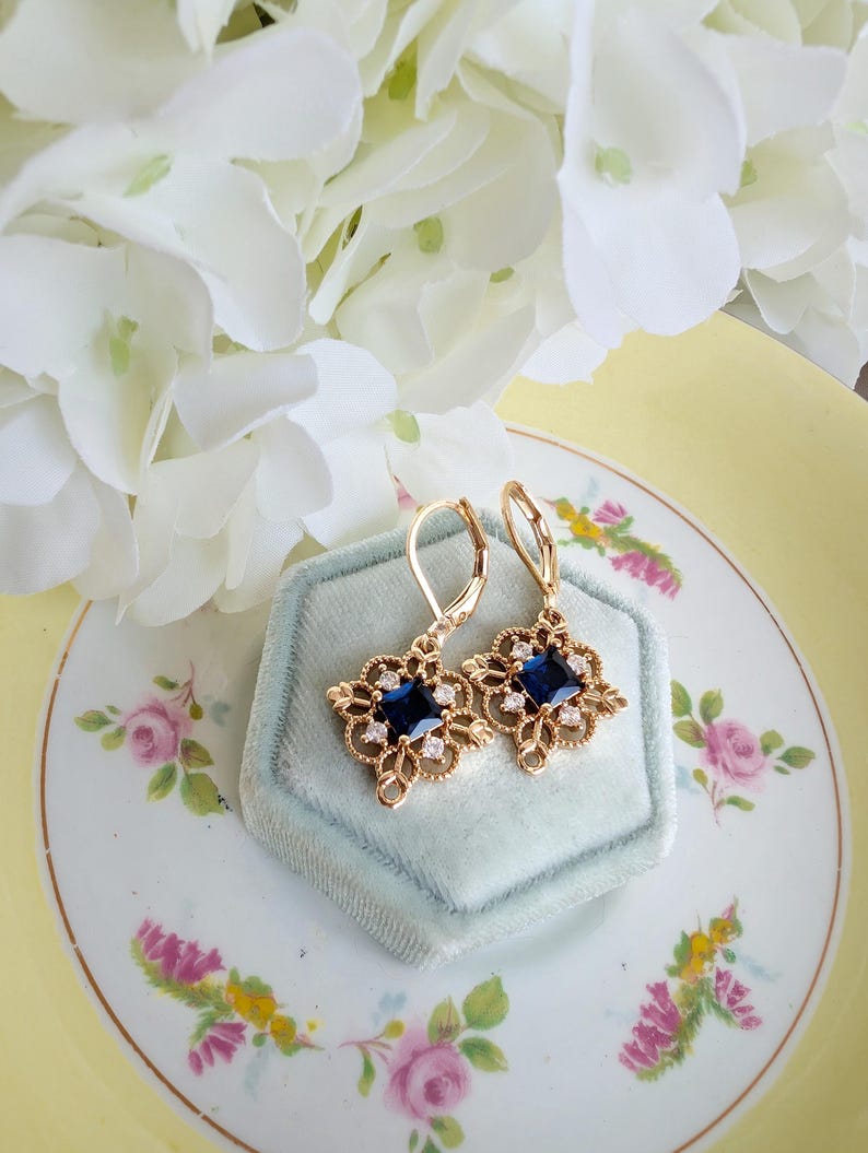 Gold Plated Filigree Dangle Earrings with Red, Green or Blue CZ Stones