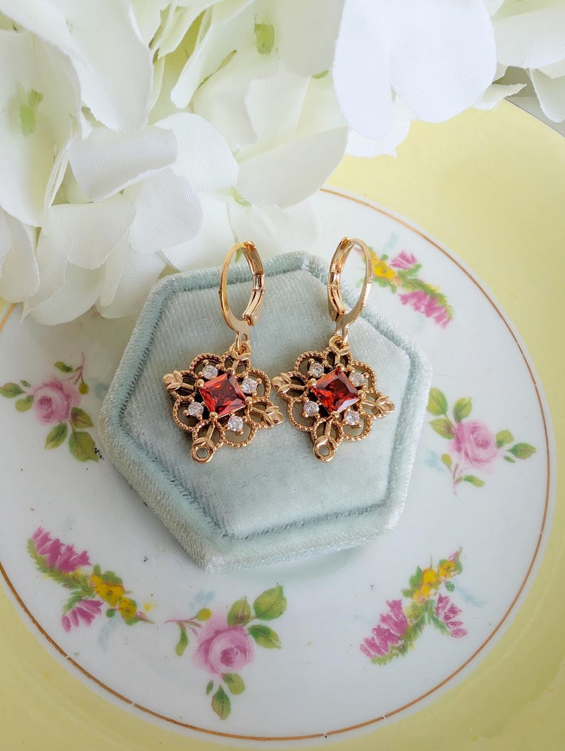 Gold Plated Filigree Dangle Earrings with Red, Green or Blue CZ Stones