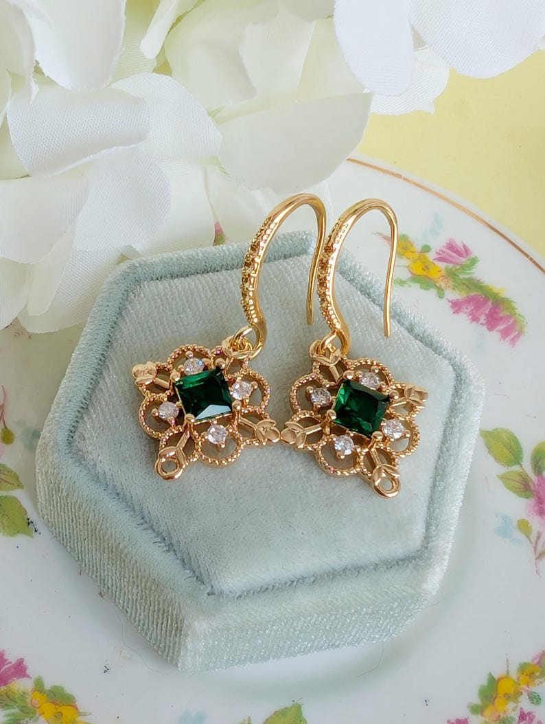 Gold Plated Filigree Dangle Earrings with Red, Green or Blue CZ Stones