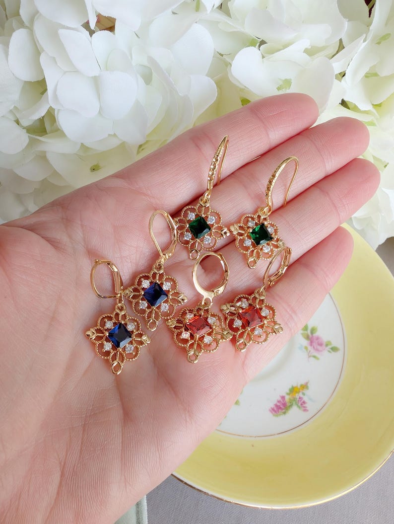 Gold Plated Filigree Dangle Earrings with Red, Green or Blue CZ Stones