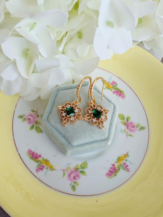 Gold Plated Filigree Dangle Earrings with Red, Green or Blue CZ Stones