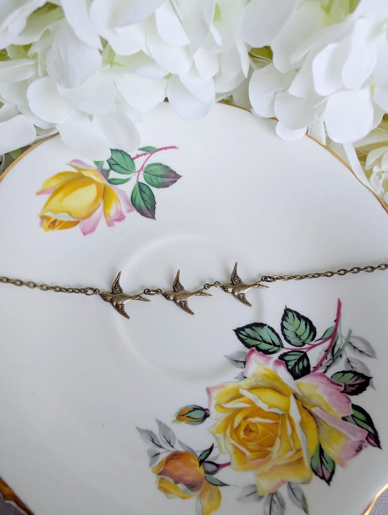 Bronze Swallow Bracelet | Dainty Trio of Flying Birds, Vintage Jewelry