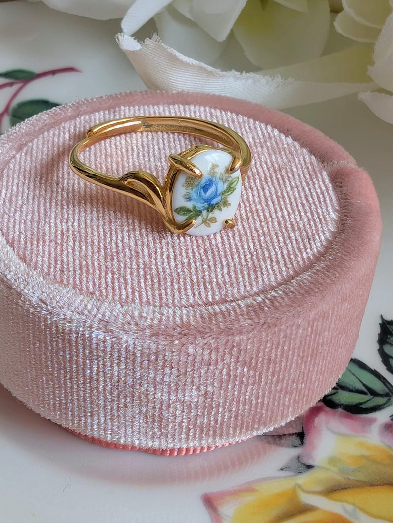 Gold Vermeil Blue Rose Ring - 925 Sterling Silver - Victorian Floral Jewelry on a pink jewelry box