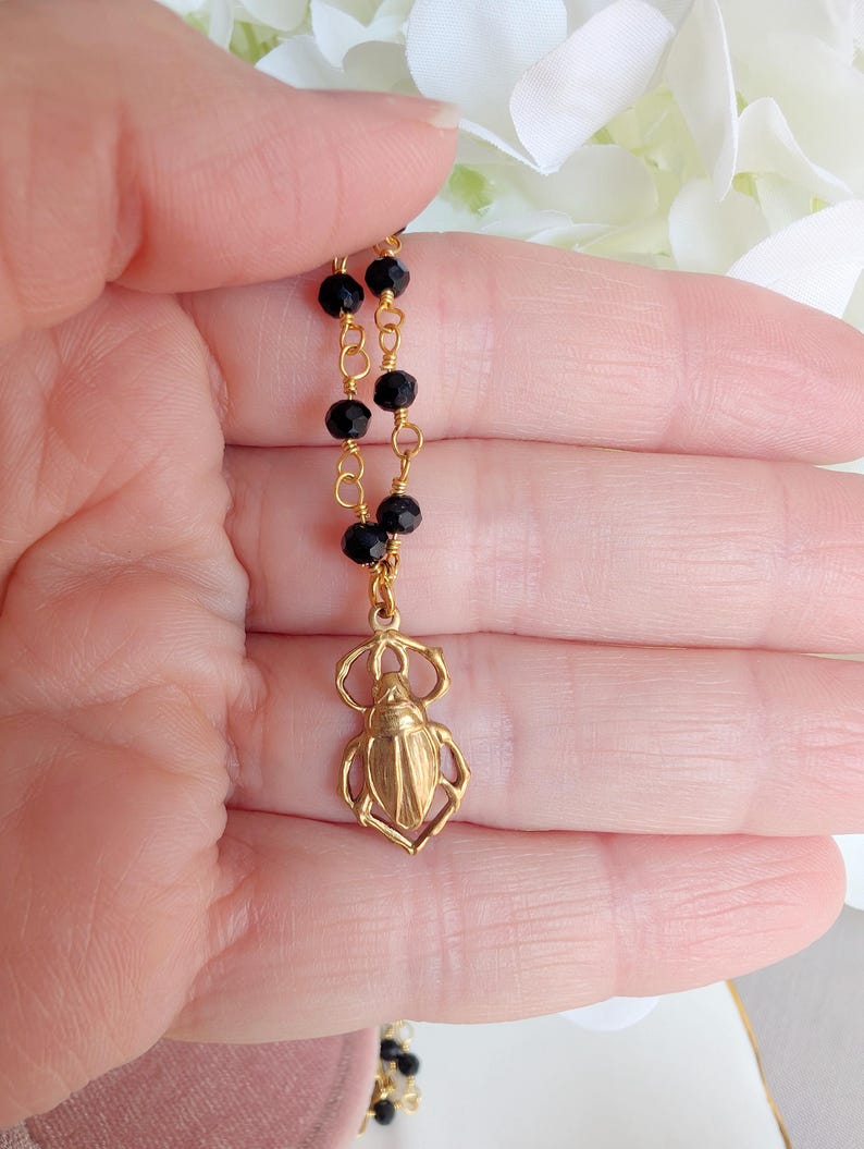 Scarab Pendant Choker | Black Beaded Rosary Chain Necklace