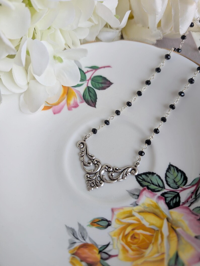 Silver Filigree Choker Necklace | Black Beaded Rosary Gothic Jewelry