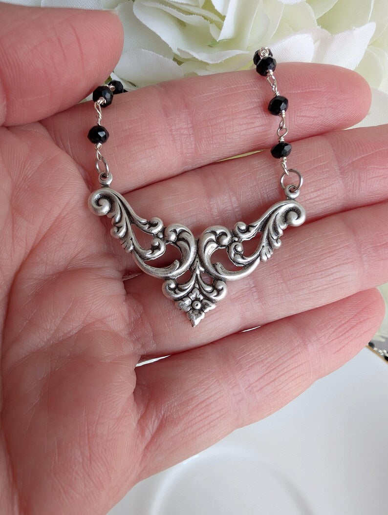 Silver Filigree Choker Necklace | Black Beaded Rosary Gothic Jewelry